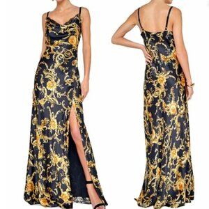 L'AGENCE Venice Baroque Silk-Satin Lace-Trim Cowlneck High Slit Gown sz 6
